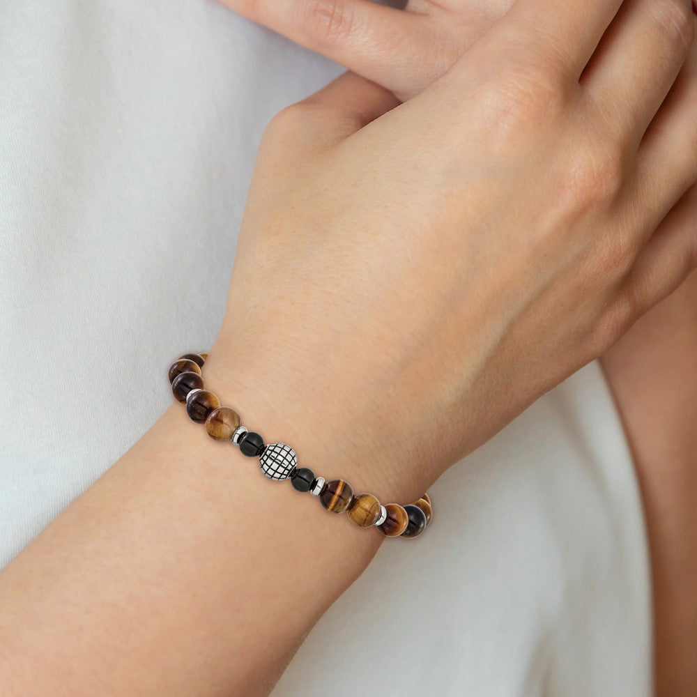 Chisel Stainless Steel Antiqued and Polished 6-8mm Agate and Tiger's Eye Beaded 7 inch Stretch Bracelet