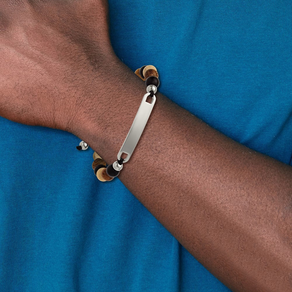 Chisel Stainless Steel Polished Camphor, Tigerwood and Onyx Beaded Black Nylon 6.75 inch to 8.5 inch Adjustable ID Bracelet