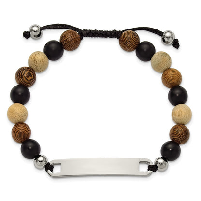 Chisel Stainless Steel Polished Camphor, Tigerwood and Onyx Beaded Black Nylon 6.75 inch to 8.5 inch Adjustable ID Bracelet
