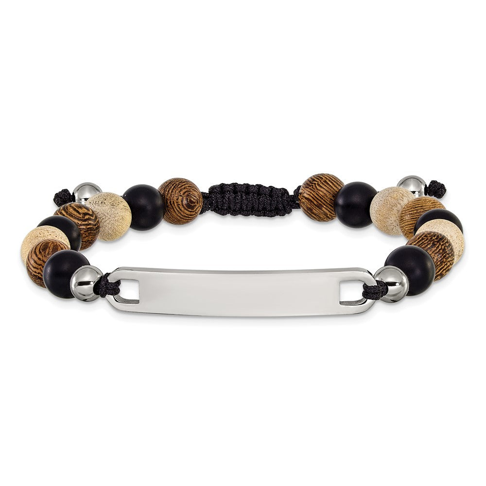 Chisel Stainless Steel Polished Camphor, Tigerwood and Onyx Beaded Black Nylon 6.75 inch to 8.5 inch Adjustable ID Bracelet