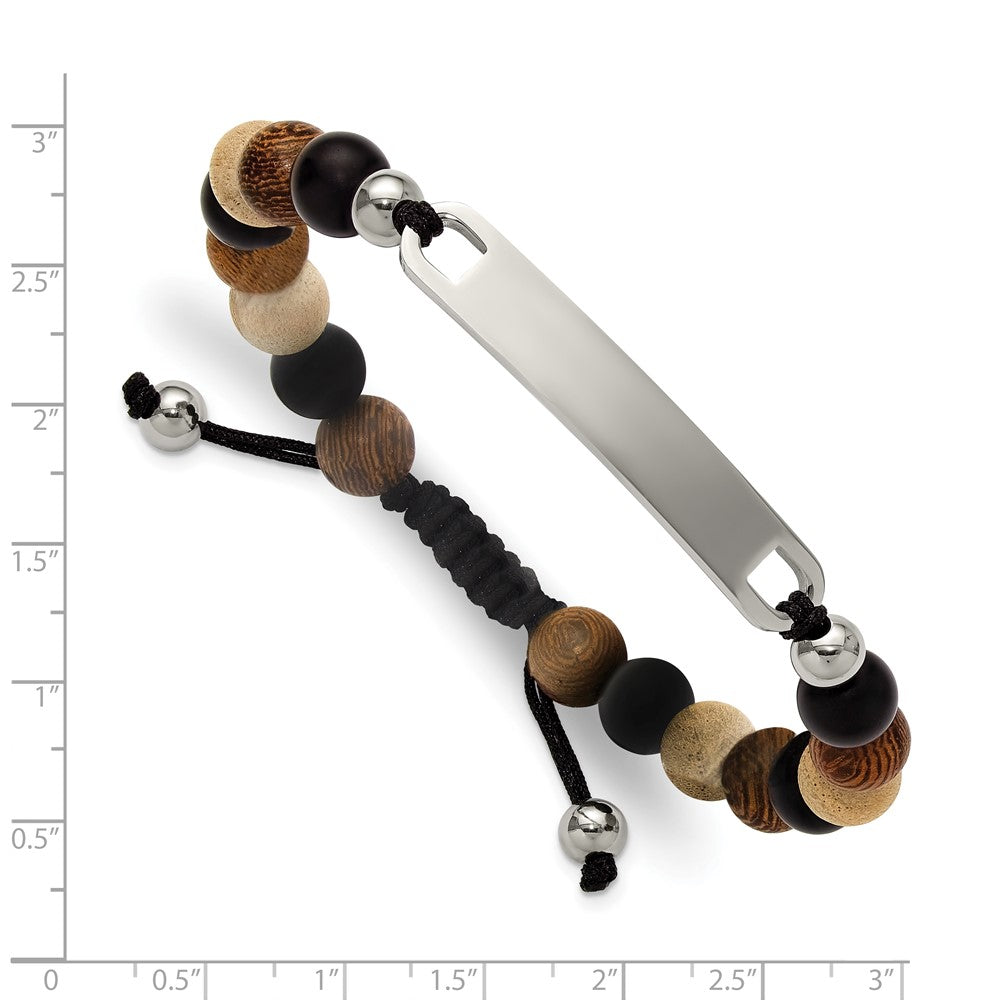 Chisel Stainless Steel Polished Camphor, Tigerwood and Onyx Beaded Black Nylon 6.75 inch to 8.5 inch Adjustable ID Bracelet
