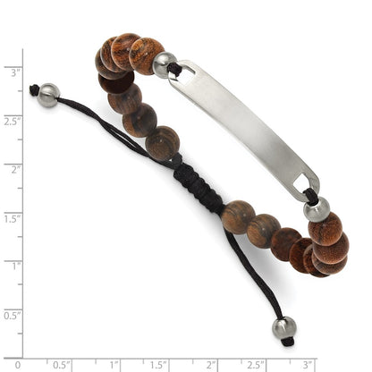 Chisel Stainless Steel Brushed 8mm Tigerwood Beaded Black Nylon 7 inch to 9 inch Adjustable ID Bracelet