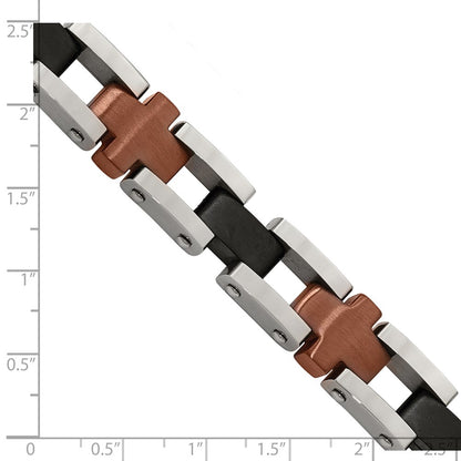 Chisel Stainless Steel Brushed and Polished Black and Brown IP-plated 8.75 inch Cross Link Bracelet