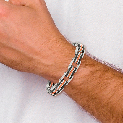 Chisel Stainless Steel Polished with Blakc and Orange Rubber 8.5 inch Link Bracelet