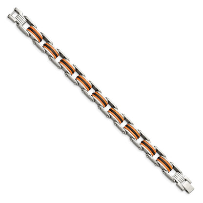 Chisel Stainless Steel Polished with Black and Orange Polyurethane 8.75 inch Link Bracelet