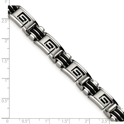 Chisel Stainless Steel Brushed and Polished Black Rubber Inlay Greek Key 8.5 inch Bracelet