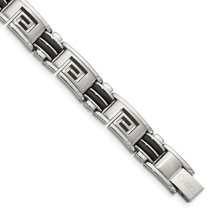 Chisel Stainless Steel Brushed and Polished Black Rubber Inlay Greek Key 8.5 inch Bracelet