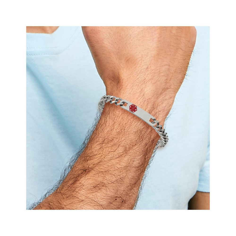 Chisel Stainless Steel Polished with Red Enamel Medical ID 9.5 inch Curb Chain Bracelet