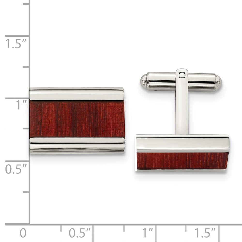 Chisel Stainless Steel Polished Red/Orange Koa Wood Inlay Rectangle Cufflinks