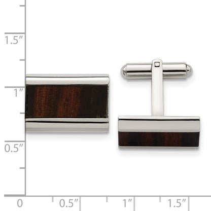 Chisel Stainless Steel Polished Black Koa Wood Inlay Rectangle Cufflinks