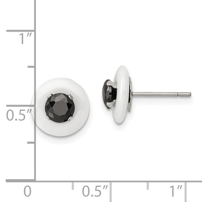 Chisel Stainless Steel Polished White Ceramic with Black CZ Post Earrings