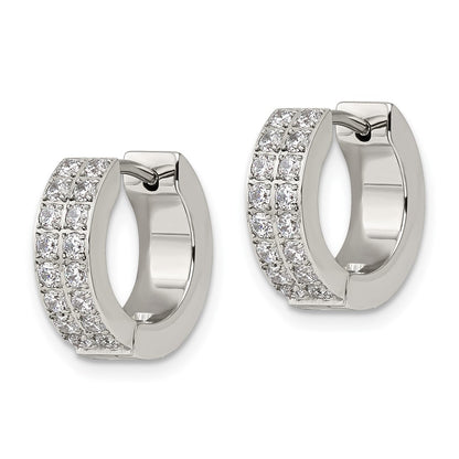 Chisel Stainless Steel Polished with 2 Rows of CZ 2.3mm Hinged Hoop Earrings
