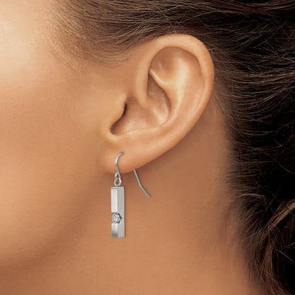 Chisel Stainless Steel Brushed and Polished with CZ Bar Dangle Shepherd Hook Earrings