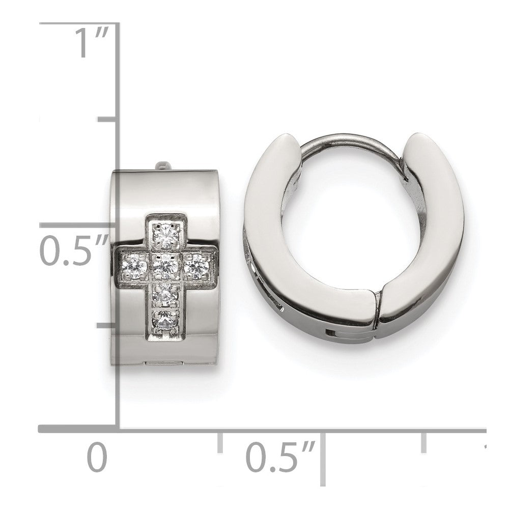 Chisel Stainless Steel Polished with CZ Cross 7mm Hinged Hoop Earrings