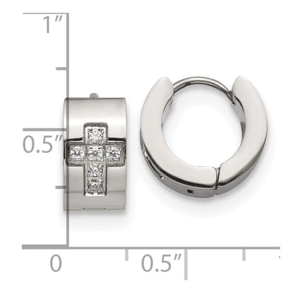 Chisel Stainless Steel Polished with CZ Cross 7mm Hinged Hoop Earrings