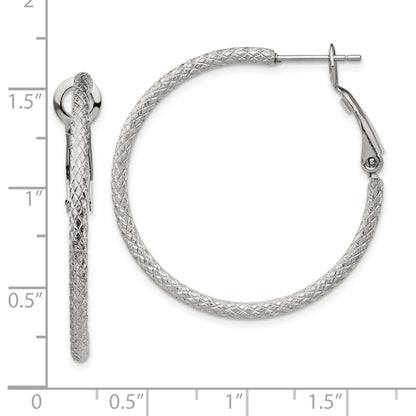 Chisel Stainless Steel Polished and Textured 2mm Omega Back Hoop Earrings