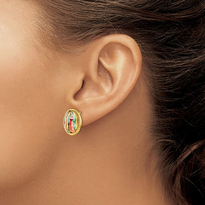 Chisel Stainless Steel Polished Yellow IP-plated Enameled Our Lady of Guadalupe Post Earrings