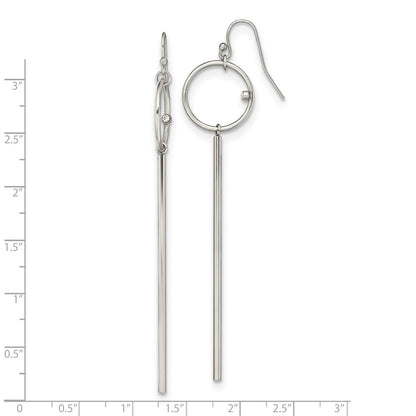 Chisel Stainless Steel Polished Circle with Crystal Accent Bar Dangle Shepherd Hook Shoulder Duster Earrings