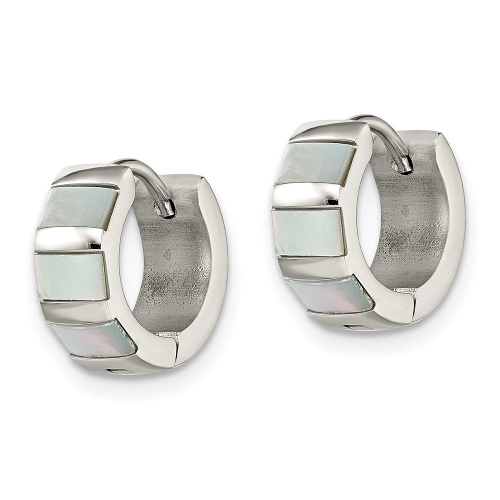 Chisel Stainless Steel Polished with Shell Pearl 5mm Hinged Hoop Earrings