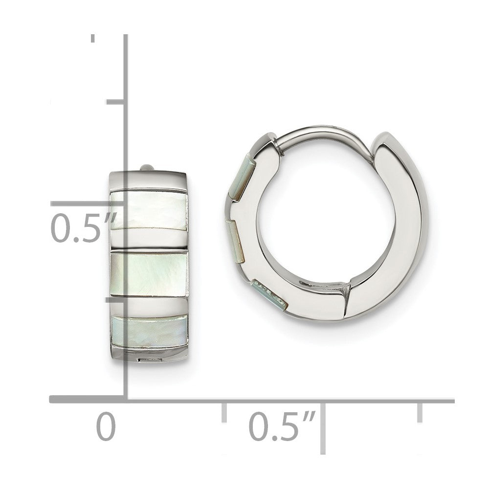 Chisel Stainless Steel Polished with Shell Pearl 5mm Hinged Hoop Earrings