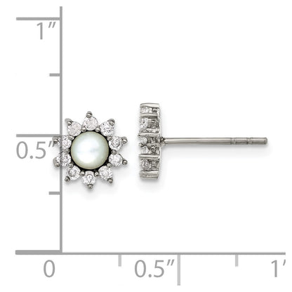 Chisel Stainless Steel Polished Mother of Pearl and CZ Post Earrings