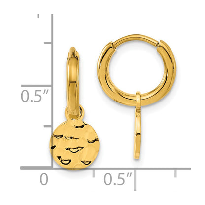 Chisel Stainless Steel Polished Hammered Yellow IP-plated Circle Dangle Hoop Earrings