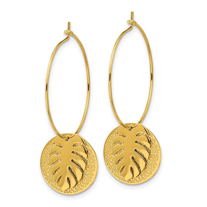 Chisel Stainless Steel Polished Textured Yellow IP-plated Leaf Dangle Hoop Earrings