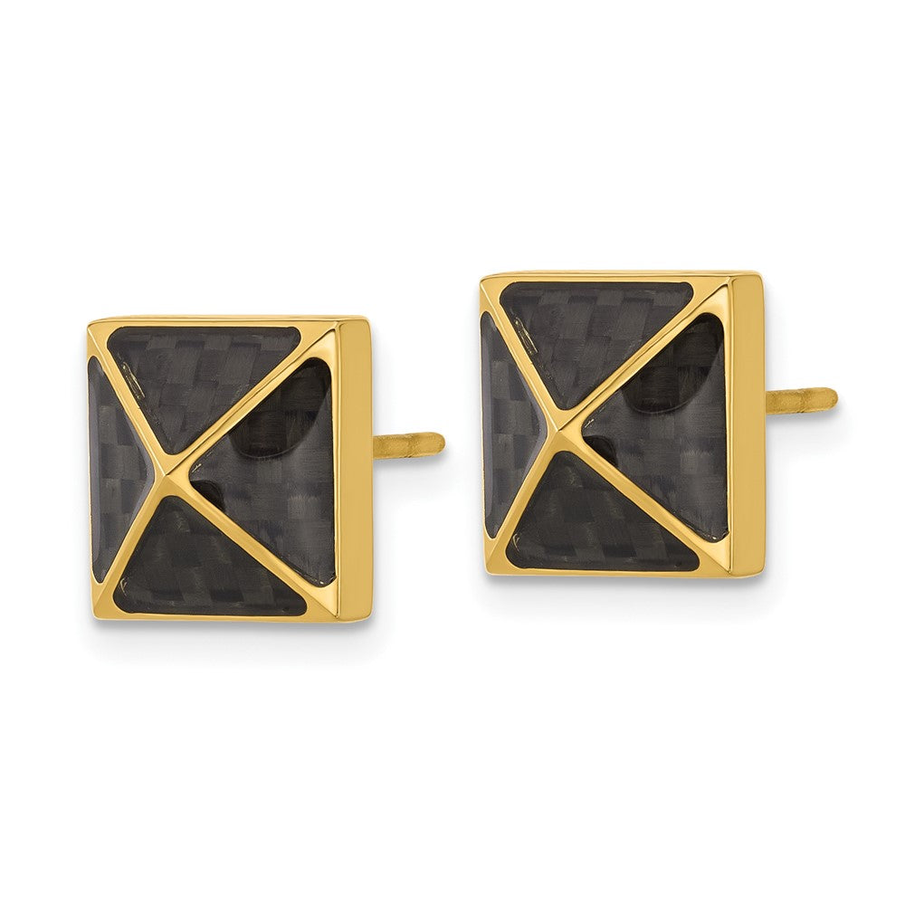 Chisel Stainless Steel Polished Yellow IP-plated Black Carbon Fiber Inlay Pyramid Stud Earrings