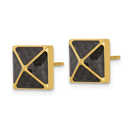 Chisel Stainless Steel Polished Yellow IP-plated Black Carbon Fiber Inlay Pyramid Stud Earrings