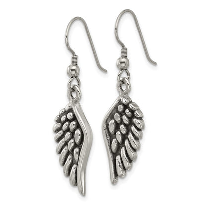 Chisel Stainless Steel Antiqued and Polished Angel Wing Shepherd Hook Earrings