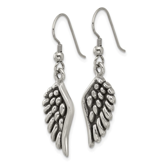 Chisel Stainless Steel Antiqued and Polished Angel Wing Shepherd Hook Earrings