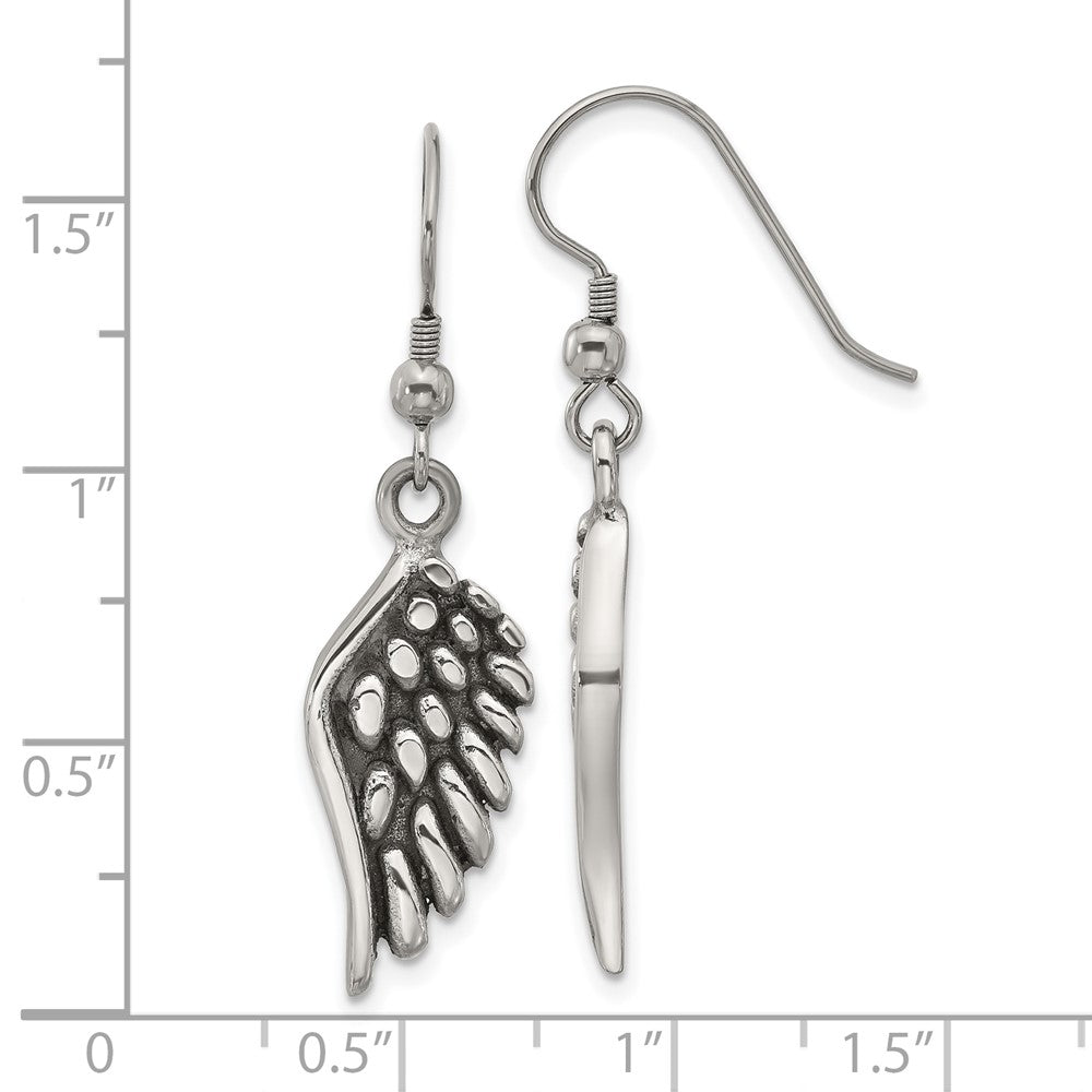 Chisel Stainless Steel Antiqued and Polished Angel Wing Shepherd Hook Earrings