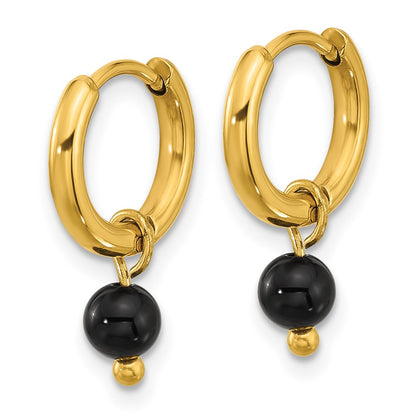 Chisel Stainless Steel Polished Yellow IP-plated with Removeable Black Agate Dangle Hinged Hoop Earrings