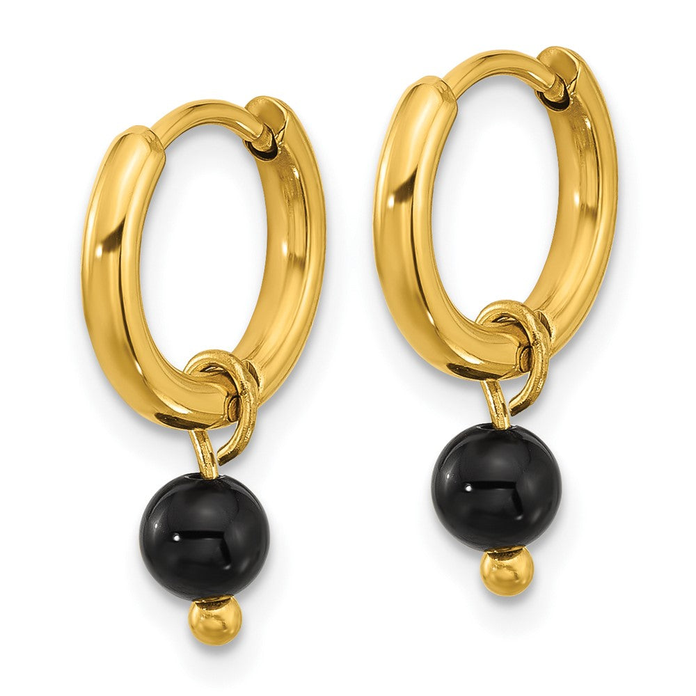 Chisel Stainless Steel Polished Yellow IP-plated with Removeable Black Agate Dangle Hinged Hoop Earrings