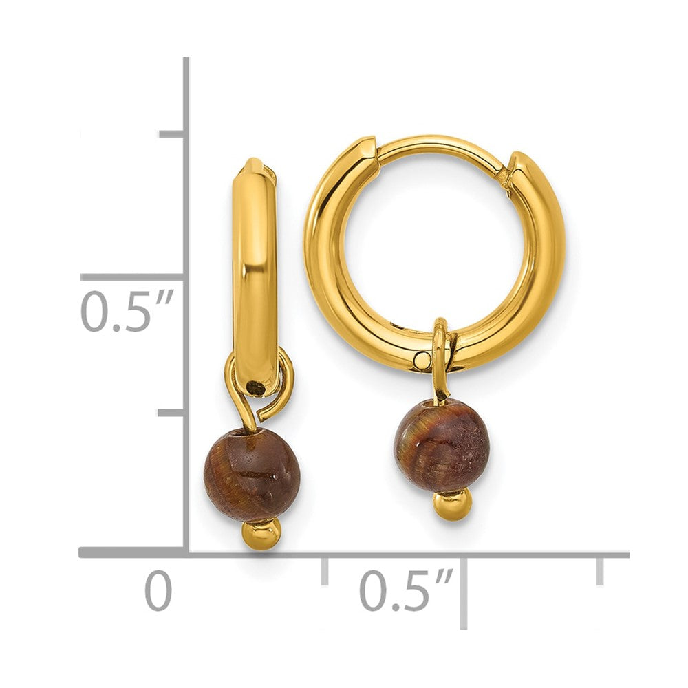 Chisel Stainless Steel Polished Yellow IP-plated with Removeable Tiger's Eye Dangle Hinged Hoop Earrings