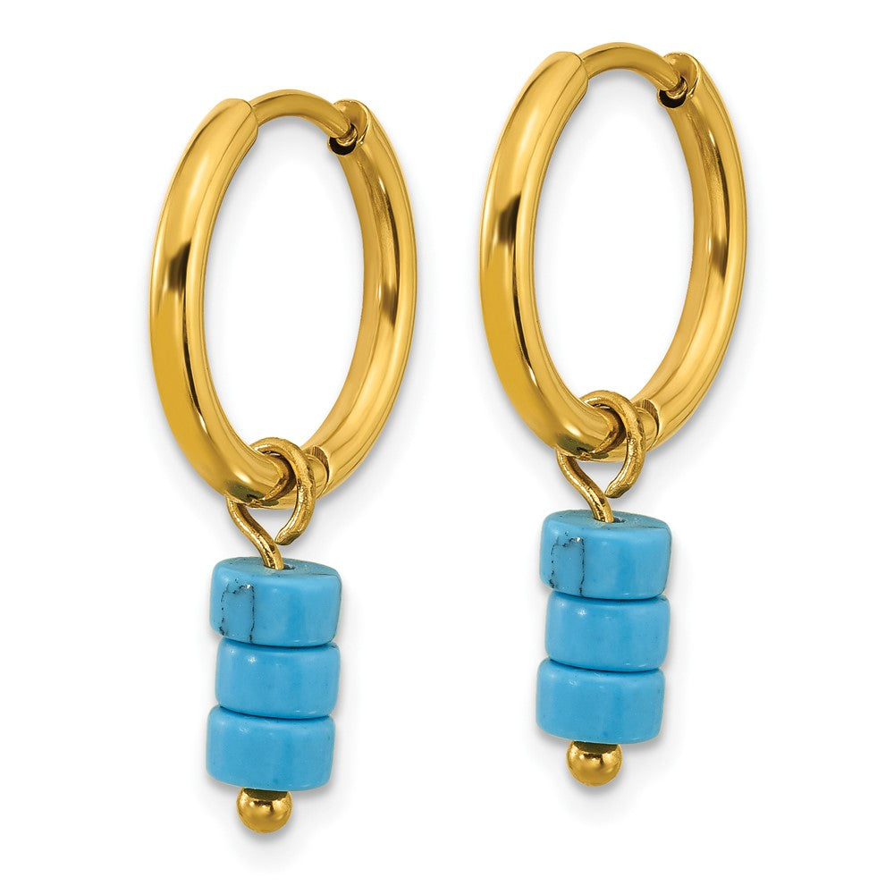Chisel Stainless Steel Polished Yellow IP-plated with Removeable Synthetic Turquoise Dangle Hinged Hoop Earrings