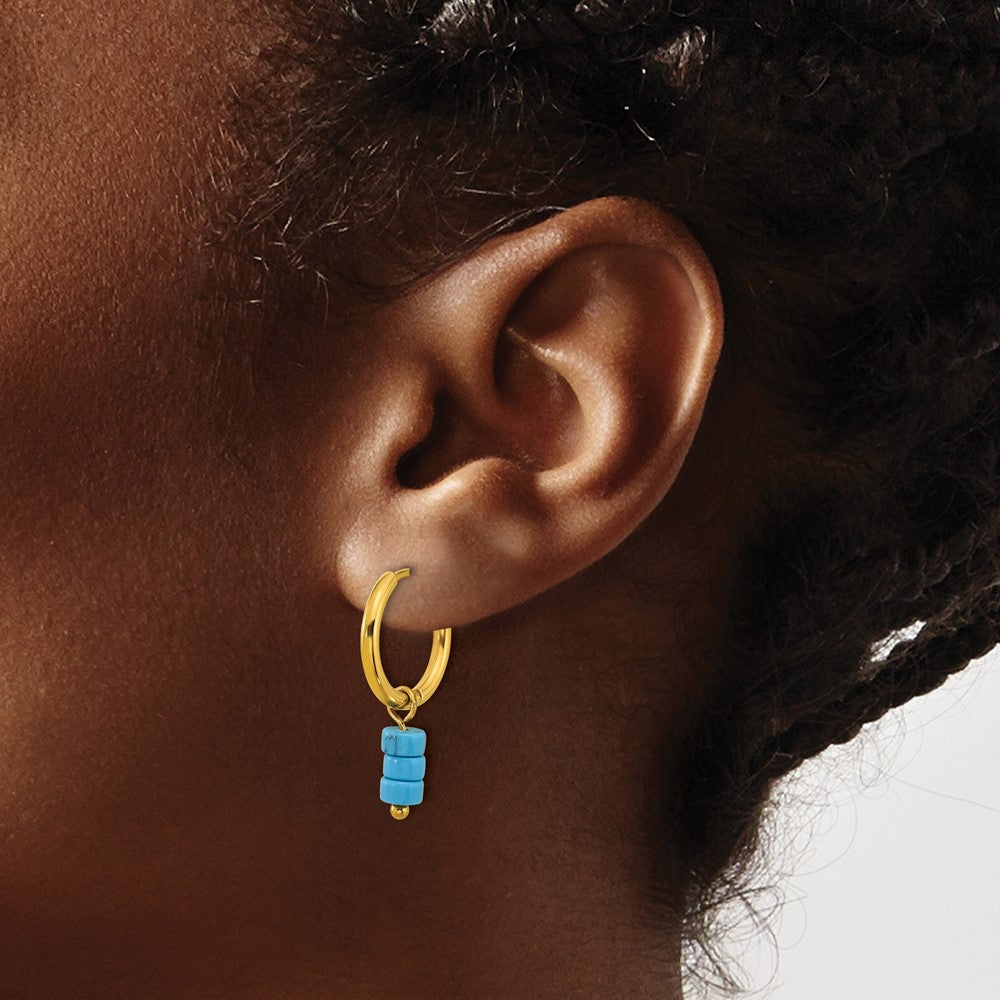 Chisel Stainless Steel Polished Yellow IP-plated with Removeable Synthetic Turquoise Dangle Hinged Hoop Earrings