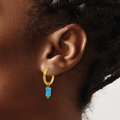 Chisel Stainless Steel Polished Yellow IP-plated with Removeable Synthetic Turquoise Dangle Hinged Hoop Earrings
