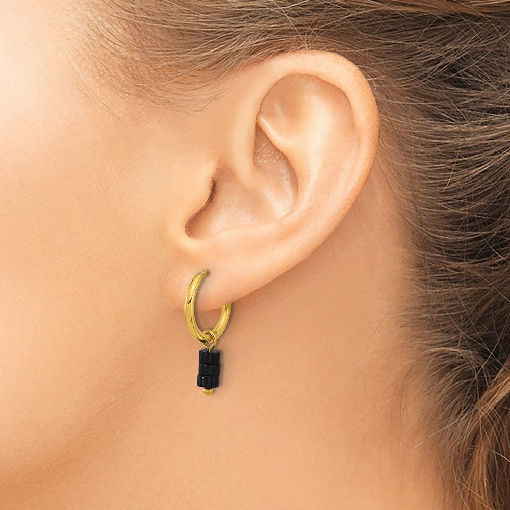 Chisel Stainless Steel Polished Yellow IP-plated with Removeable Black Agate Dangle Hinged Hoop Earrings
