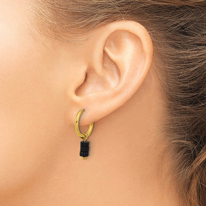 Chisel Stainless Steel Polished Yellow IP-plated with Removeable Black Agate Dangle Hinged Hoop Earrings