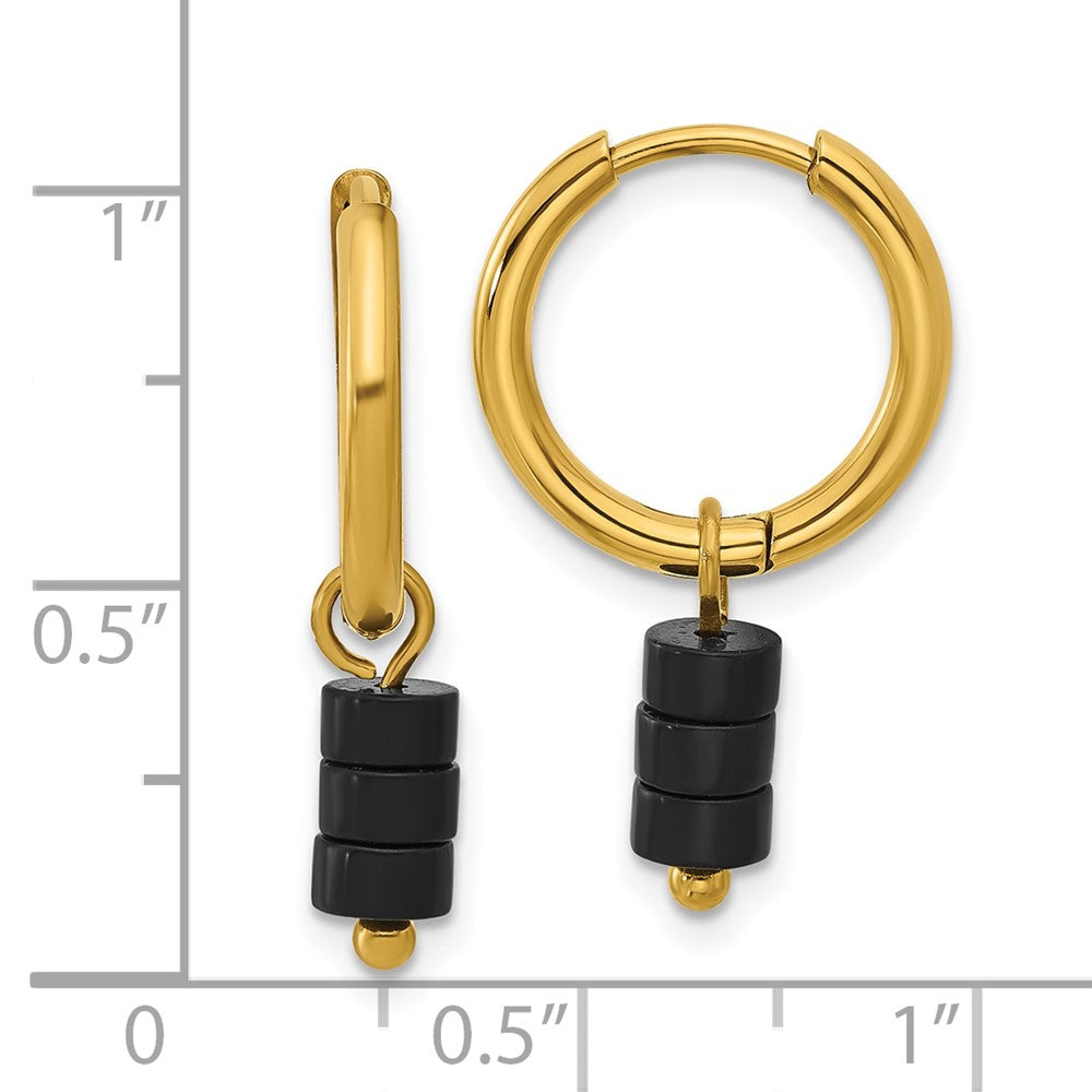 Chisel Stainless Steel Polished Yellow IP-plated with Removeable Black Agate Dangle Hinged Hoop Earrings