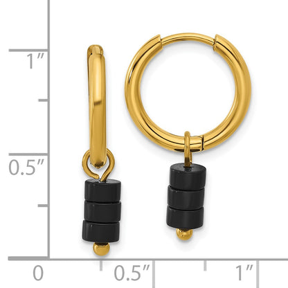 Chisel Stainless Steel Polished Yellow IP-plated with Removeable Black Agate Dangle Hinged Hoop Earrings