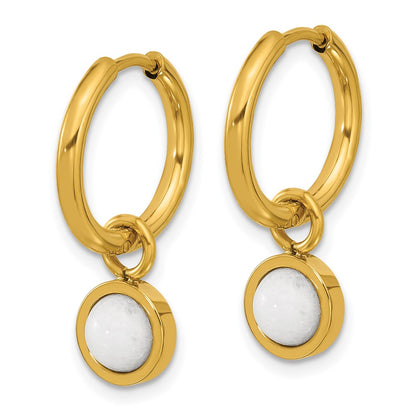Chisel Stainless Steel Polished Yellow IP-plated with Removeable White Jade Dangle Hinged Hoop Earrings