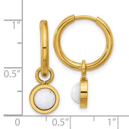 Chisel Stainless Steel Polished Yellow IP-plated with Removeable White Jade Dangle Hinged Hoop Earrings