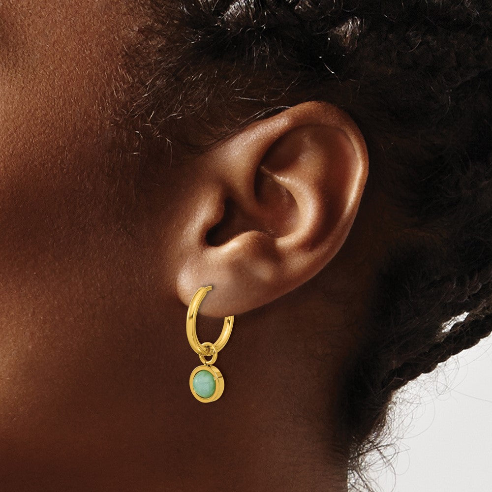 Chisel Stainless Steel Polished Yellow IP-plated with Removeable Green Jade Dangle Hinged Hoop Earrings