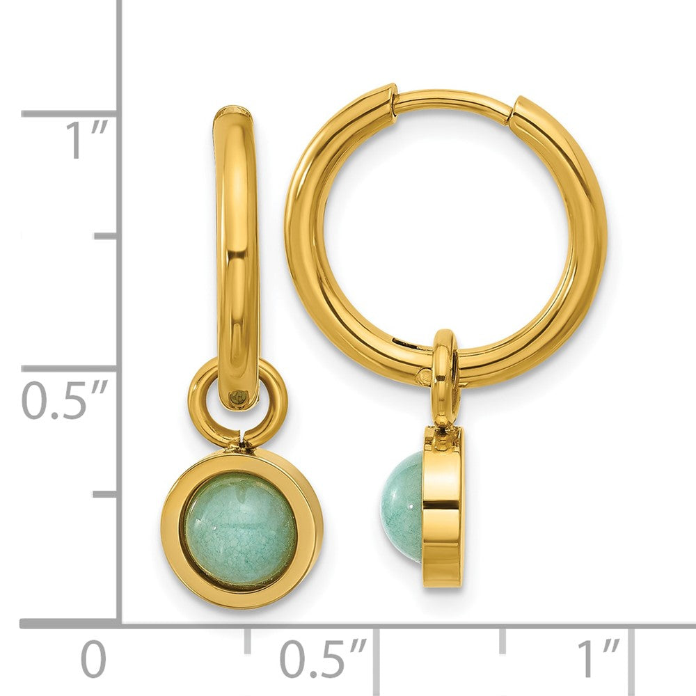 Chisel Stainless Steel Polished Yellow IP-plated with Removeable Green Jade Dangle Hinged Hoop Earrings