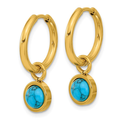 Chisel Stainless Steel Polished Yellow IP-plated with Removeable Synthetic Turquoise Dangle Hinged Hoop Earrings