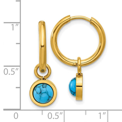 Chisel Stainless Steel Polished Yellow IP-plated with Removeable Synthetic Turquoise Dangle Hinged Hoop Earrings