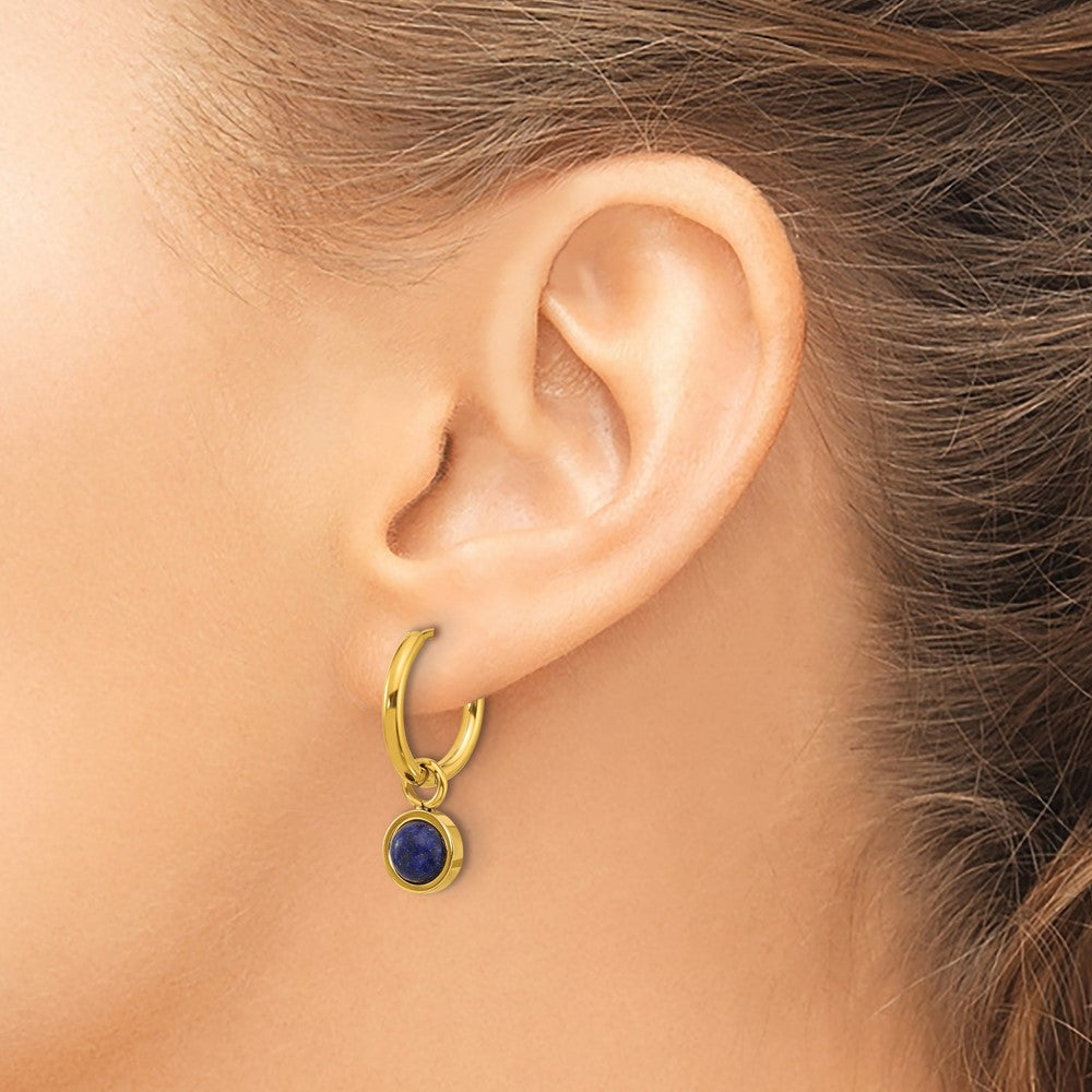 Chisel Stainless Steel Polished Yellow IP-plated with Removeable Blue Sodalite Dangle Hinged Hoop Earrings