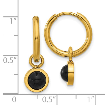 Chisel Stainless Steel Polished Yellow IP-plated with Removeable Black Agate Dangle Hinged Hoop Earrings